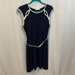 Calvin Klein Navy Blue White Piping Belted Fit & Flare Cap Sleeve Dress 4